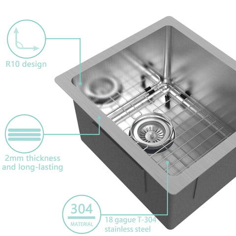 15 By 17 Inch Undermount Bar Kitchen Sink With Single Bowl Handmade Stainless Steel 18 Gauge T304 Built Tough Unbreakable Construction Satin Finish Includes Strainer And Bottom Grid