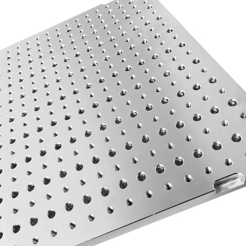 Close-up of a 16 By 16 By 0.8 Inch Aluminum Fixture Plate 6061 Anodized CNC Ready For Precision Milling with 8mm positioning holes.