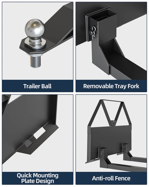46 Inch Quick Attach Pallet Forks For Skid Steer Attachments, Beefy 2600 Pound Capacity, showing trailer ball, removable tray fork, quick mount design, anti-roll fence features, obsidian black.