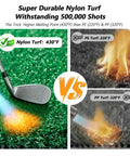 Durable 4 By 5 Feet Golf Hitting Mat With 2 Inch Thick Nylon Turf And Premium NBR Foam Base showing nylon turf durability at 430°F versus PE and PP.
