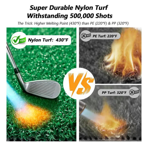 Durable 4 By 5 Feet Golf Hitting Mat With 2 Inch Thick Nylon Turf And Premium NBR Foam Base showing nylon turf durability at 430°F versus PE and PP.