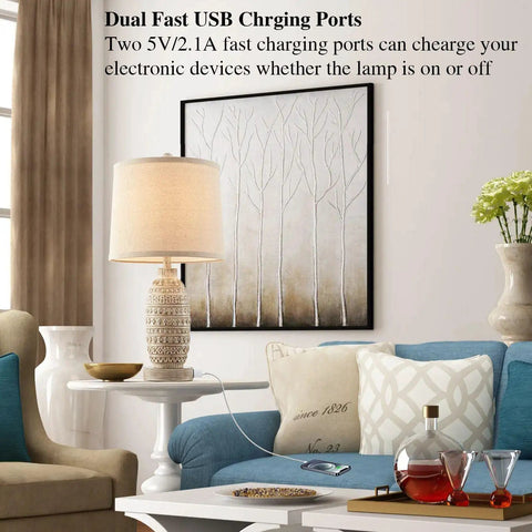 Rustic Dual USB Table Lamps Set Of 2 For Bedroom And Living Room 3 Way Dimmable Nightstand Lamps With Linen Fabric Shades Built In USB Ports Modern Classic Lighting Includes LED Bulbs displayed on a living room side table with decor.