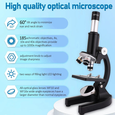 Kid Friendly Microscope With 40X-2500X Magnification, 4.3 Inch Display, featuring specifications like tilt angle and LED lighting.