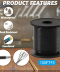 All In One Outdoor String Light Hanging Kit With 300 Ft Nylon Coated Stainless Steel Cable spool showing waterproof and insulated features