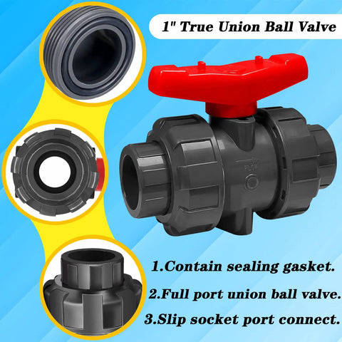 1 Inch Union Ball Valve 2 Pack Full Port UPVC SCH 80 Water Shut Off Valve overview with slip socket connection.