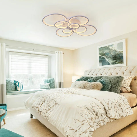 Cool 8-Ring LED Dimmable Ceiling Light With Remote, white flush mount in modern bedroom setting, elegant design.