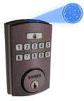 Fingerprint Door Lock With Keyless Entry Biometric Lock Electronic Keypad And Auto Locking Deadbolt For Front Door With Interior Knob Set In Tuscan Bronze Finish And No Fuss Setup, front view showing keypad and fingerprint icon