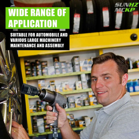 Man using 1/2-Inch Drive Deep 6-Point Impact Socket Set, 8-Piece SAE Spindle Axle Nut Kit on a car wheel
