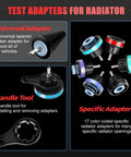 Radiator Coolant Pressure Tester Kit With Vacuum Refill Tool And 28 Piece Adapters For Cars And Trucks showing various adapters.