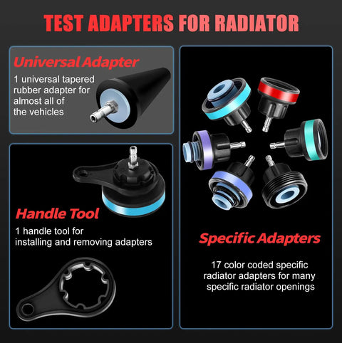 Radiator Coolant Pressure Tester Kit With Vacuum Refill Tool And 28 Piece Adapters For Cars And Trucks showing various adapters.