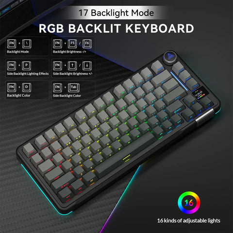 Hella Smooth Tri Mode Wireless Mechanical Keyboard With Smart Lcd Panel And Twist Knob Compact Seventy Five Design For Dope Gaming Builds And Daily Grinds Featuring Punchy Tactile Switches And Massive Four Thousand Mah Battery Longevity with RGB backlighting and adjustable lighting modes.