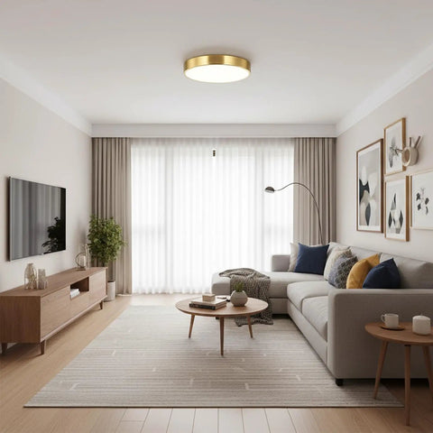 Living room with Gold Brushed 9 Inch Flush Mount LED Ceiling Light With Dope Adjustable Color Temperature