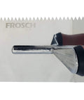 Close-up of Stainless Steel V Notch Tile Trowel Quarter Inch With Comfort Grip Handle showing v-notch and handle design.