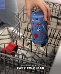 Person placing a sports-themed Disney Princess 14oz Kids Water Bottle With Straw Lid Insulated Stainless Steel Tumbler in a dishwasher