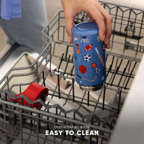 Person placing a sports-themed Disney Princess 14oz Kids Water Bottle With Straw Lid Insulated Stainless Steel Tumbler in a dishwasher