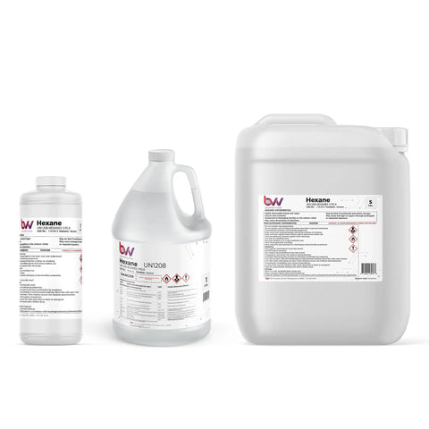 99 Percent High Purity Lab Grade Hexane Solvent For Precision Cleaning And Extraction, Premium Cleaning Agent For Oils And Greases, Compatible With Spigots, Faucets, And Trigger Sprayers, 1 Gallon. 1-gallon container shown with smaller bottles