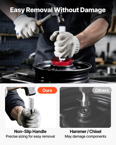 Bearing Press Kit 43 Pcs Bearing Race And Seal Driver Set in use, showing precise removal of bearing race with non-slip handle tool.