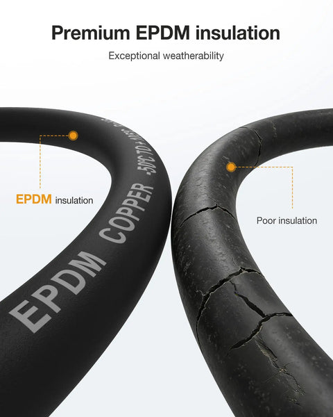 Beefy One-O Gauge Battery Cable With Lugs Dual 10 Foot Red And Black Power Wire High Current Low Resistance Copper Flexible EPDM Jacket 1703 Strands Oxygen Free Copper For Stable Heavy Duty Output black EPDM-insulated cable compared with cracked poor insulation