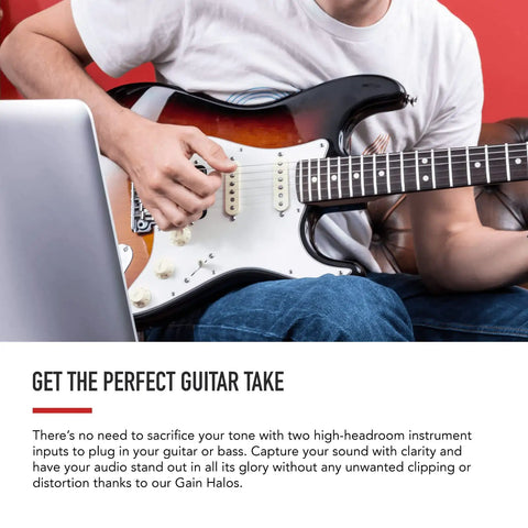 Musician using Eight Input USB Audio Interface With Air Preamps For Recording Producing And Engineering Studio Quality 24 Bit 192 kHz