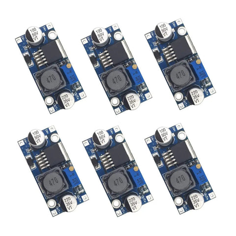 6 Pack DC To DC Buck Converter Kit With LM2596 Regulator High Efficiency Power Supply Module for DIY projects, top view display.