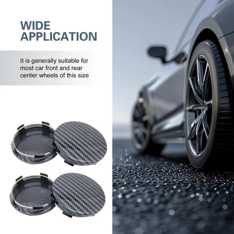 Premium Snap On Wheel Hub Center Caps For Universal Fit, Carbon Fiber Black Look, two caps on textured surface with vehicle wheel.