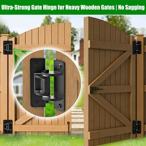 Heavy Duty Six Point Five Inch Bolt On Gate Hinges With Bearings, 1000 Lb Capacity Anti Sag L Shaped Gate Hardware, Built Tough Powder Coated Black Carbon Steel Garden Fence Barn Farm Gate, Four Pack on wooden gate