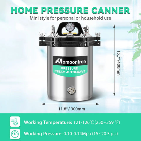 Front view of Mxmoonfree 12L lab autoclave, stainless steel portable steam autoclave with clamp lid and gauge