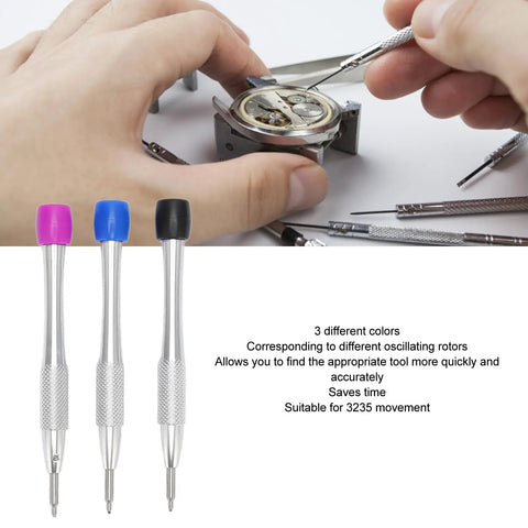 Pro Watch Movement Screwdriver Set With Triangular Tips For 3235 Movements, stainless steel tools, hands using screwdriver
