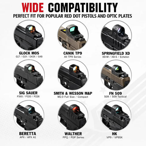 KickAss Torx Optic Mounting Screws Kit With M3 M4 And 6-32 Threads Locks Down Hard With Premium Threadlocker displayed on various red dot pistols.