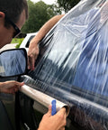 Applying Car Window Repair Tape Wrap 17.5 Inch Wide Clear Adhesive Film 6 Ft Long Waterproof Tacky Tape on car window