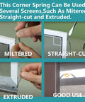 Heavy Duty Window Screen Tension Spring Corner Clips For Easy Snap In Of Sliding Screens in mitered, straight-cut, and extruded usage