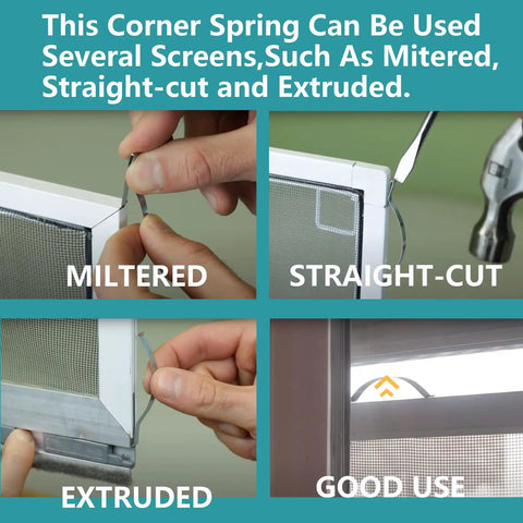Heavy Duty Window Screen Tension Spring Corner Clips For Easy Snap In Of Sliding Screens in mitered, straight-cut, and extruded usage