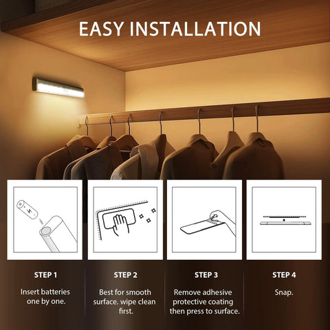 Motion Sensor Closet Night Light 10 LEDs Battery Operated Stick On 3 Pack shown installed in a closet with easy installation steps