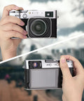 Metal Hot Shoe Thumb Up Grip For Fuji X100V X100VI Camera Black shown in ergonomic use from front and back view