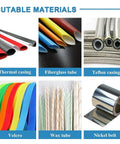 Cutable materials including thermal casing, fiberglass tube, Teflon casing, Velcro, wax tube, and nickel belt for pipe cutting.