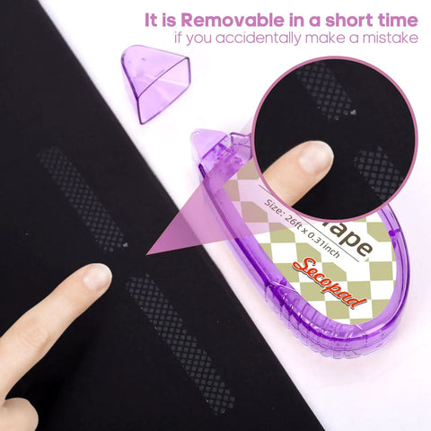 Double Sided Craft Tape Roller Kit 12 Pack for Scrapbooking, removable adhesive demonstration with finger and clear tape on black paper