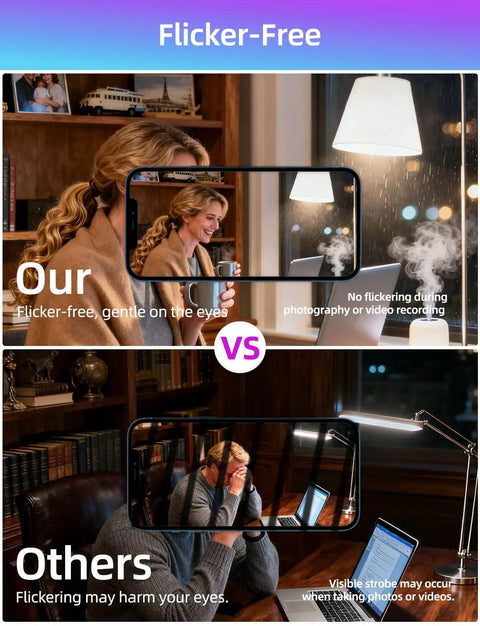 Illustration comparing flicker-free LED bulb and standard bulb in photography settings with visible strobe effects.