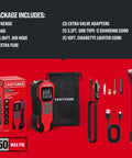 Hassle Free Portable Tire Inflator Cordless Air Compressor 150 Psi accessories including air hose, USB cord, and adapters.