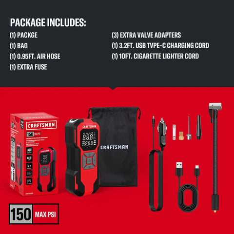 Hassle Free Portable Tire Inflator Cordless Air Compressor 150 Psi accessories including air hose, USB cord, and adapters.