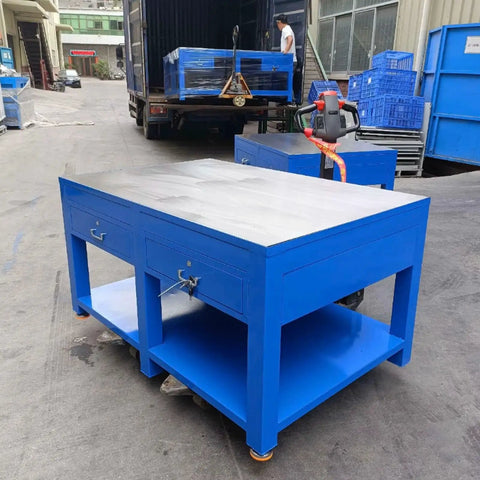 Rock Solid No Nonsense Heavy Duty Workbench For Welding And Metal Fabrication With 8mm Thickened Steel Plate in blue color.