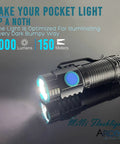 Rechargeable Compact EDC Flashlight With Clip, Beefy 1000 Lumen Tactical Torch illuminating text, aluminum, outdoor use.