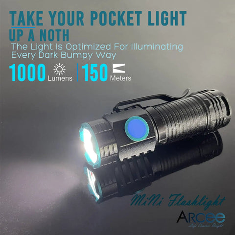 Rechargeable Compact EDC Flashlight With Clip, Beefy 1000 Lumen Tactical Torch illuminating text, aluminum, outdoor use.