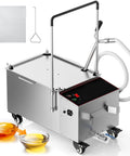 Heavy Duty Commercial Fryer Oil Filter Machine That Goes Hard With No Nonsense Five Layer Filtration For Top Tier Kitchen Cleaning And Smooth Operations 10 Gallon Tank with stainless steel design and oil collection bowls.