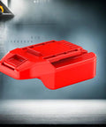 Adapter Upgrade For 20V Tools Compatible With DeWalt 20V Max Slider Li Ion Batteries Installation And Power Supply 1 Adapter Only High Temperature 14 AWG Wire For Reliable Quick Power Upgrades shown in a garage setting, highlighting its red ABS housing.
