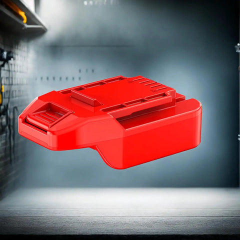 Adapter Upgrade For 20V Tools Compatible With DeWalt 20V Max Slider Li Ion Batteries Installation And Power Supply 1 Adapter Only High Temperature 14 AWG Wire For Reliable Quick Power Upgrades shown in a garage setting, highlighting its red ABS housing.