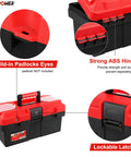 Lightweight 14 Inch Plastic Tool Box With Comfortable Handle And Removable Tray, Dual Lock Latches, Red Finish, Build-in Padlocks Eyes