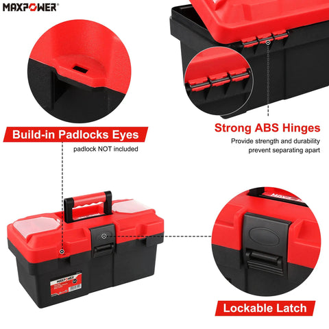 Lightweight 14 Inch Plastic Tool Box With Comfortable Handle And Removable Tray, Dual Lock Latches, Red Finish, Build-in Padlocks Eyes