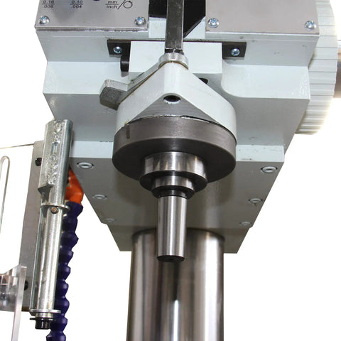 Close-up of the spindle mechanism on a Beefy Floor Drill Press With 26 Inch Swing 1.57 Inch Drilling Capacity 2.2kW 220V 3 Phase Motor.
