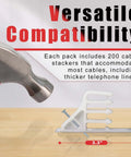 200 Pack White Cable Staples With Steel Nails For Quick No Fuss Cable Stacking Clips shown with dimensions and hammer