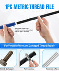 Hands holding 1PC metric thread file, with cap, for repairing worn and damaged threads shown in steps, part of Beefy 15 Piece Set.